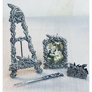 Pewter Hummingbird Desk Decor Lot Frame Easel Card Holder Letter Opener VTG
